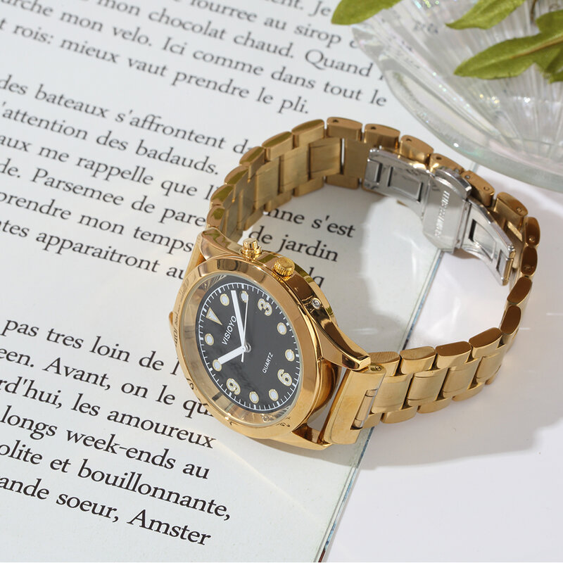 French Talking Watch with Alarm Function, Talking Date and time, Black Dial, Folding Clasp, Golden Case TAG-701