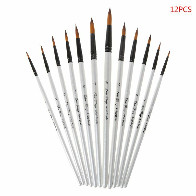 12Pcs Artist Paint Brush Set Nylon Bristles Watercolor Acrylic Oil Painting Slant Flat Round Pointed Pen Tip Wood Handle Art