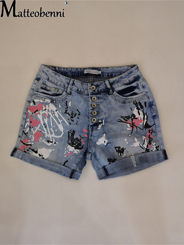 2021 weibliche Casual Bottoms Harajuku Vintage Streetwear Sommer Neue Tasten Frauen Denim Shorts Gewaschen Blume Druck Jeans