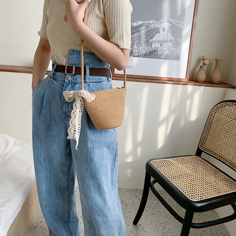 2020 Summer Fashion Beach Travel borsa di paglia tessitura a tracolla borse a secchiello per donna borsa Vintage borsa a tracolla da donna
