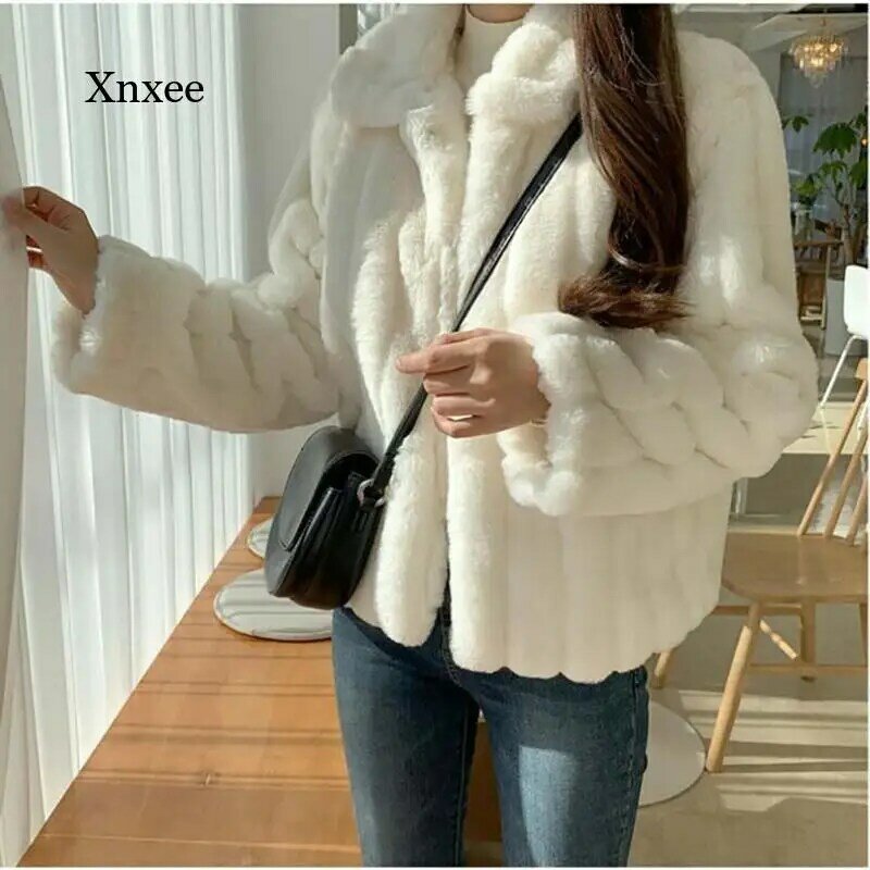 2021 inverno quente casaco de pele de coelho feminino branco confortável casaco de pele do falso manga longa casaco de pele do falso