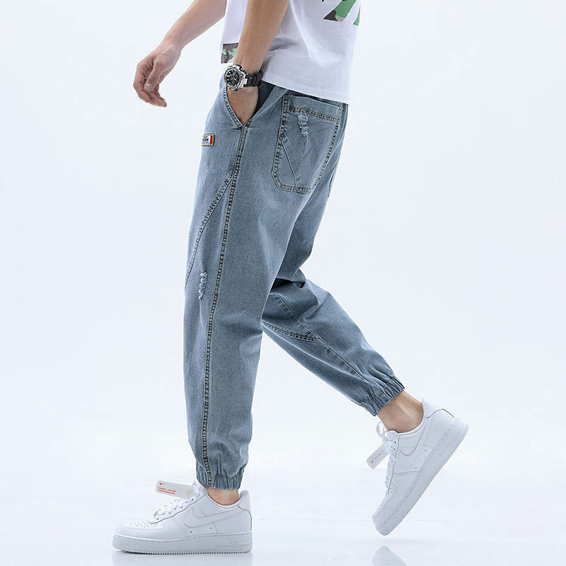 ฤดูใบไม้ร่วงกางเกงยีนส์ผู้ชายหลวม Cropped กางเกงข้อเท้ายืดกางเกงเกาหลีแฟชั่นกางเกงยีนส์ Denim กางเกงยีนส์สำหรับชาย