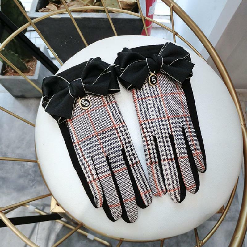 Корейская версия клетчатых замшевых женских осенне-зимних больших бархатных теплых перчаток с бантом для сенсорного экрана 5 слов студенческие перчатки с пальцами