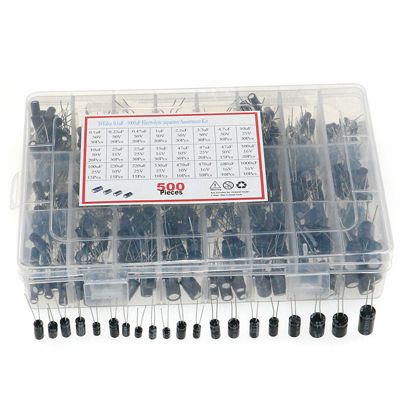 Kit scatola assortimento condensatore elettrolitico 500PCS 0.1UF-1000UF 16V-50V 24 valori