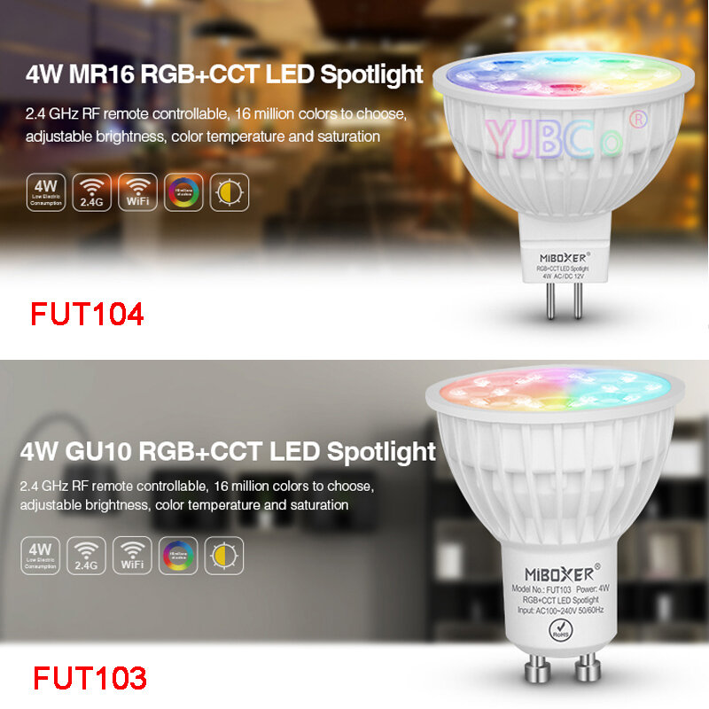 Miboxer 4W RGB + CCT LED 스포트라이트 전구 램프, 침실 레스토랑 거실 쿡룸 조명, FUT103 GU10 FUT104 MR16