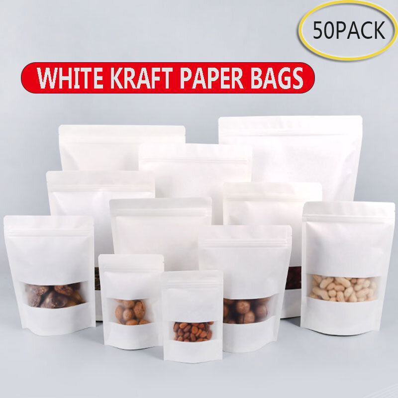 Bolsas de papel kraft blancas con cremallera y cierre de cremallera, embalaje de regalo de frutas secas de té de caramelo, a prueba de humedad, bolsa de ventana abierta, 50 piezas