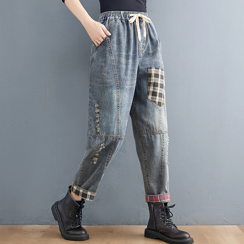 Женские рваные джинсы Masss Wasss, синие винтажные клетчатые прямые брюки с высокой талией в стиле Харадзюку, 2021