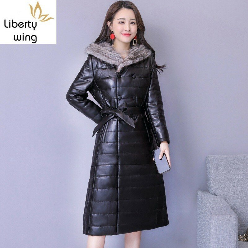 Jaqueta de couro com capuz de pele de carneiro feminina, jaqueta longa para mulheres quente pele de vison sintético gola sólida preta cinto plus size casaco feminino moda inverno