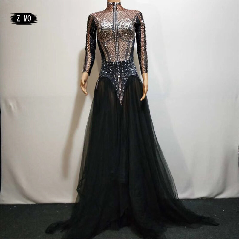fashion Women's Silver Rhinestones Outfit Bodysuit sexy Summer Glisten Costume Birthday Celebrate Singer Dance black nightclub