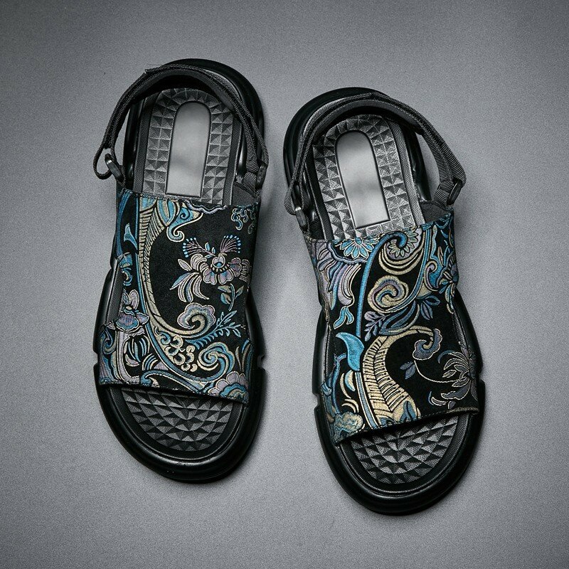 Повседневная летняя дышащая мужская пляжная обувь ручной росписи с открытым носком, модная Корейская черная обувь на платформе с крючком для мужчин