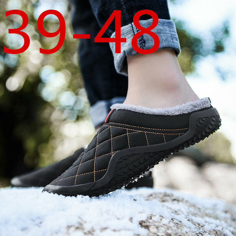 Большие размеры 39-48; Тапочки без застежки из хлопка; Мужская зимняя Уличная обувь; Водонепроницаемая повседневная обувь с защитой от холода; Мужская теплая плюшевая обувь