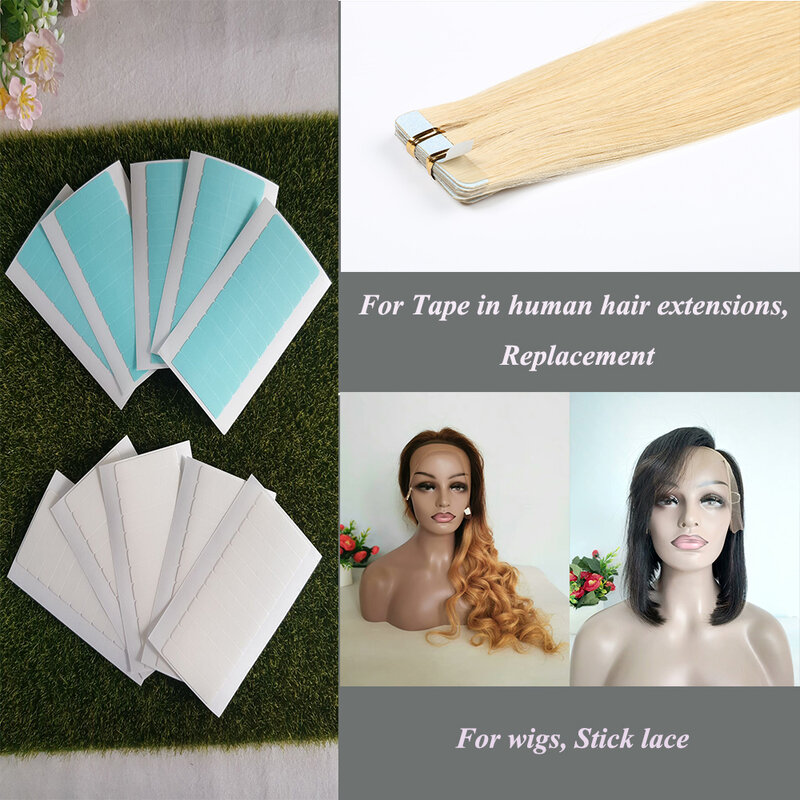 Cinta adhesiva de doble cara para extensiones de cabello, 60 pestañas, precortadas, verde y blanco, cinta impermeable de repuesto para pelucas