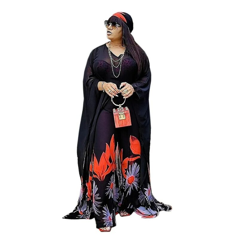 African Suit for Women 2021 African Women Black Printing 2 Pieces Top and Long Pant African Clothes for Women American Clothing