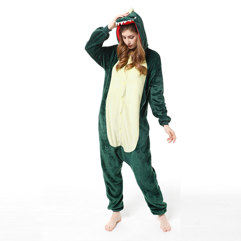 Dinosaure vert adultes Pyjamas hiver femmes vêtements de nuit en flanelle unisexe mignon dessin animé Animal pyjama ensemble enfants à capuche Pyjamas vêtements de nuit