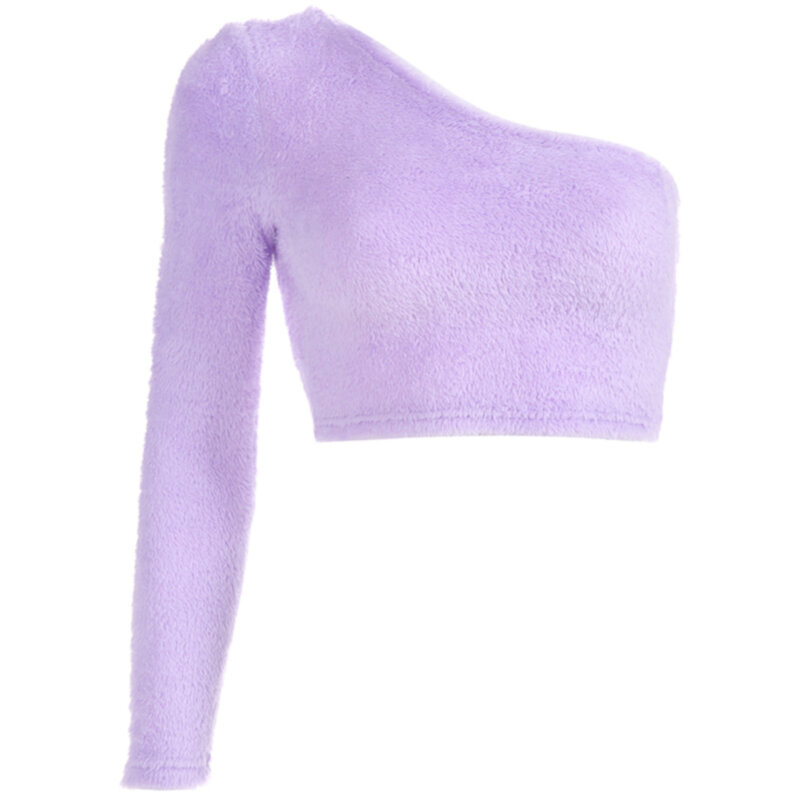 2023 jesienno-zimowy sweter damski Sexy nieregularne jedno ramię futro dopasowana krótka gruby sweter Jumper miękkie ciepłe Pull Femme