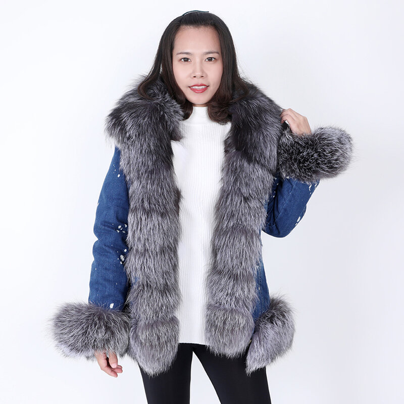 MAOMAOKONG-따뜻한 분리형 여우털 안감 데님 재킷, 자연 진짜 너구리 모피 칼라 여성 재킷 여성 코트 2020 겨울