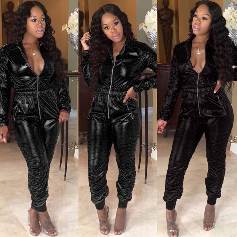 BKLD 2019 Autumn New Womens Rompers Jumpsuits Clubwear Soild Deep V-Neck With Pocket Zipper Long Seleeve Pu Leather Jumpsuits