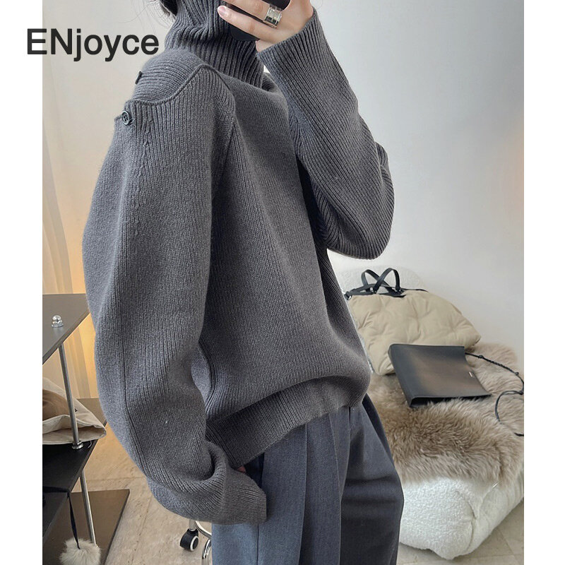 Women Vintage Wool Turtleneck Sweater Korean Fashion High Collar Thickened Knitted Pullover High Quality Knitwear Winter