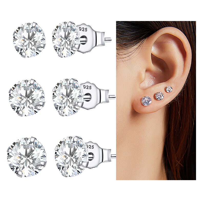 Bamoer-Juego de 3 pares de pendientes de tuerca, de Plata de Ley 925, piedra CZ minimalista, deslumbrante, de moda, 4mm, 5mm, 6mm de diámetro, BSE166