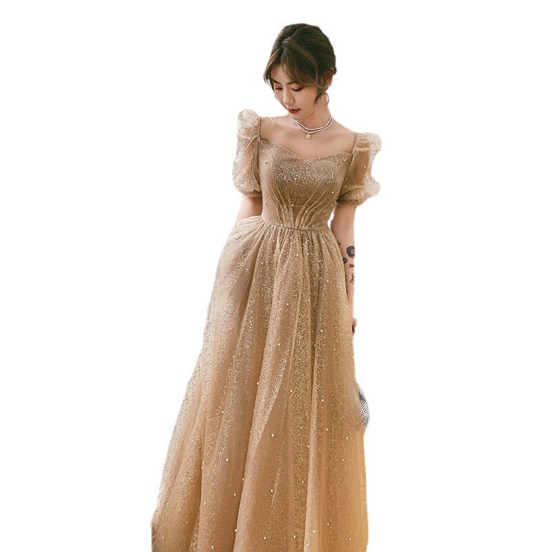 Gaun perjamuan wanita, Dress kontes anggun garis-a lengan Puff, gaun selebriti renda bordir mutiara applique