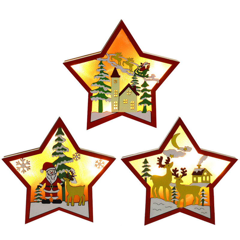 Luz led árvore de natal ornamentos estrela do carro de madeira pendurado pingentes decorações de natal para festa em casa crianças presentes artesanato madeira