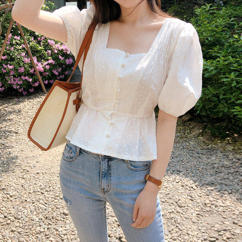 Bordado fofo chique top quente feminino verão coreia estilo japonês desenho cintura fina camisa botão branco blusa flhjlwoc vintage