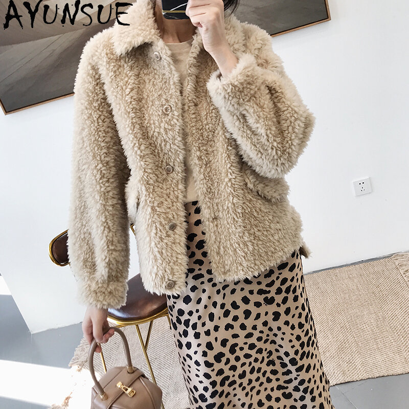 AYUN-Chaqueta de esquilar de oveja para mujer, abrigo de piel Real, chaquetas cortas de lana informales, abrigo de estilo coreano, Sqq1193, 100%