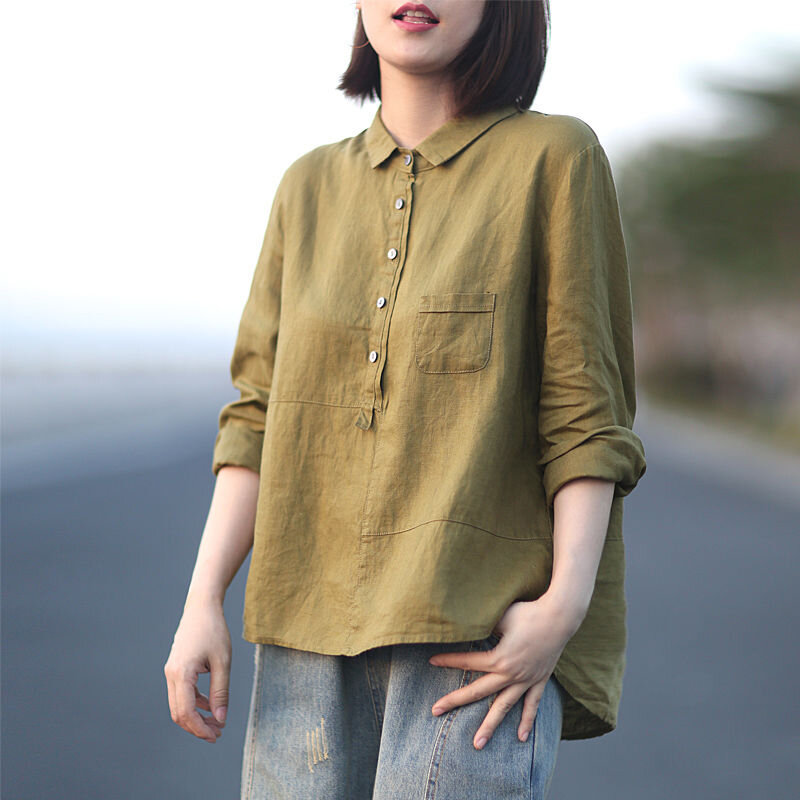 Рубашка женская свободного покроя с длинным рукавом, универсальная Повседневная блузка из хлопка и льна, винтажные топы, S604, весна-осень