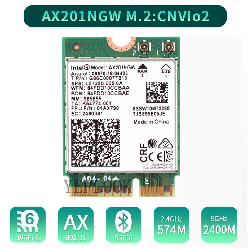 Kartu nirkabel Intel WiFi, kartu Wifi 6 AX201 AX201NGW 3000Mbps Dual Band 2.4Ghz/5Ghz 2.4Gbps 2400Mbps + 574Mbps M.2 Key E CNVio 2