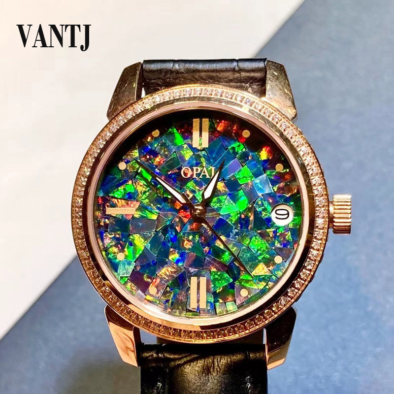Vantj moda natural opala relógio de aço inoxidável safira masculino feminino relógio festa aniversário presente