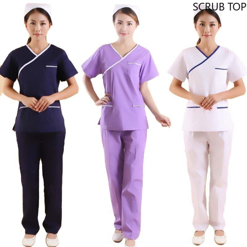 Moda damska peeling Top kolor blokowanie projekt stroje medyczne mundury pielęgniarskie krótki rękaw dekolt w serek (tylko Top)