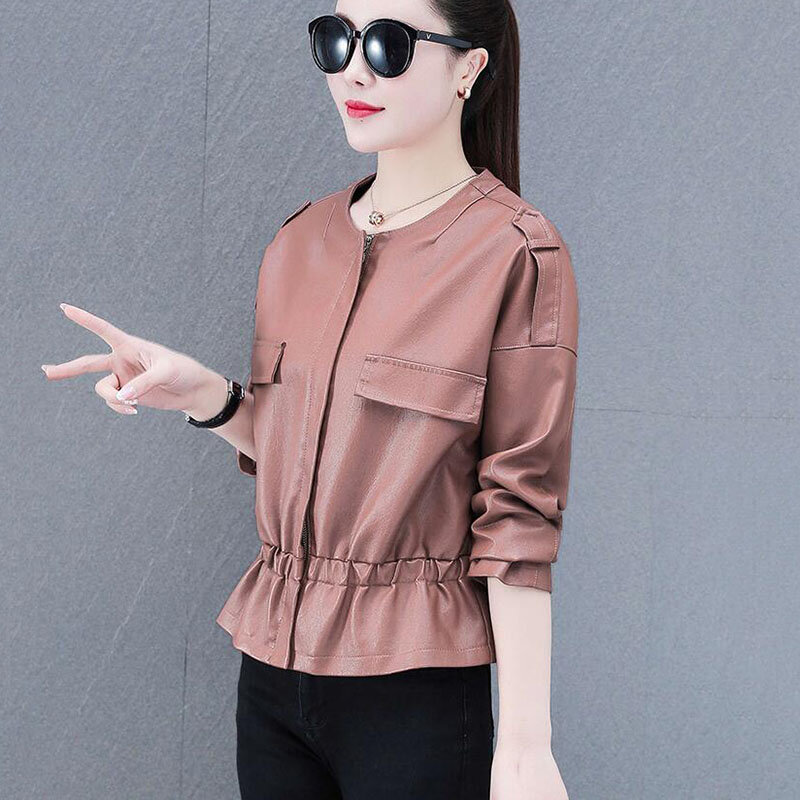 Mode PU Jaket Kulit Wanita Musim Semi Musim Gugur Jaket Pendek Gaya Korea Chic Mantel Pakaian Luar Lokomotif Pakaian Perempuan 2022 Ne