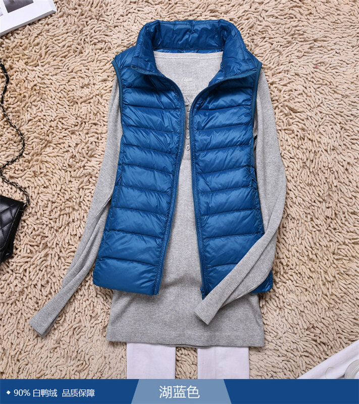 여성용 초경량 슬림 다운 코트, 스탠드 칼라 얇은 재킷, 방풍 패딩 조끼, 민소매 휴대용 덕 다운 조끼, 겨울