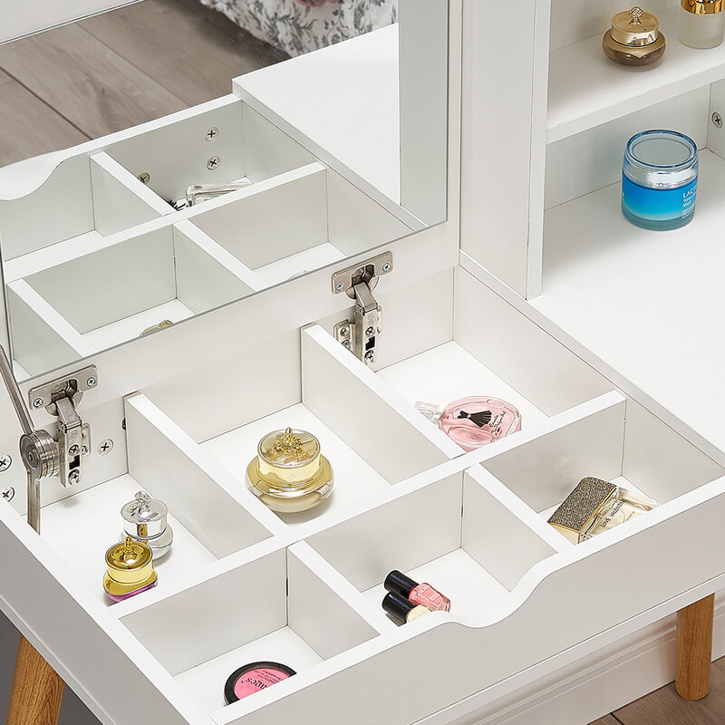 Meble do sypialni pragmatyczne kwadratowe lusterko z klapką drewniana toaletka na nogi z wyściełanym stołkiem przechowywanie biżuterii siatki półka kosmetyczna