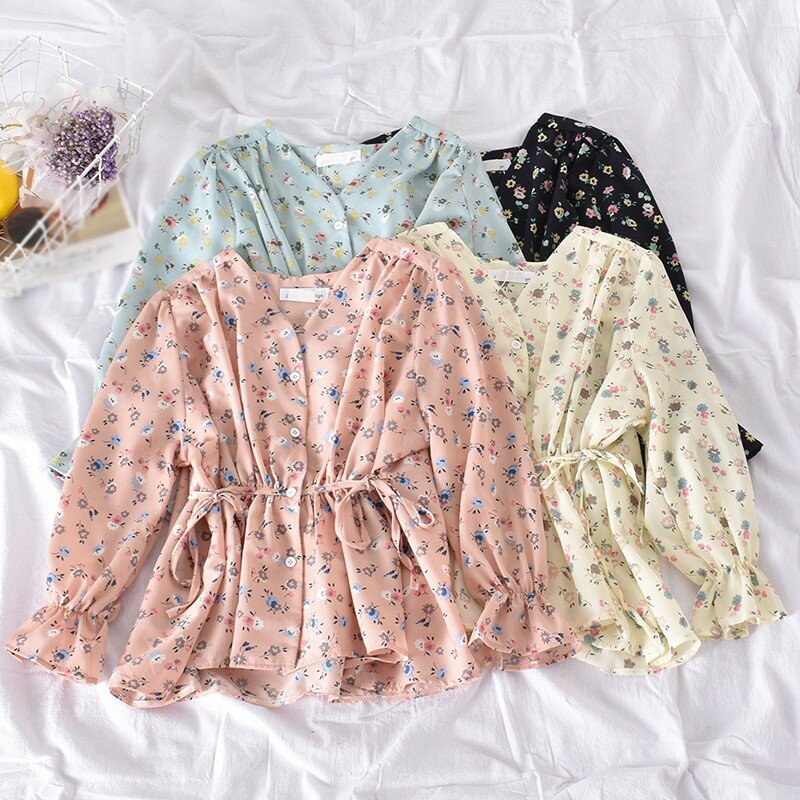 Women's V-Neck Chiffon Shirt Long Sleeve Korean Style Ladies  Floral Print Summer Sweet Blouses 2020