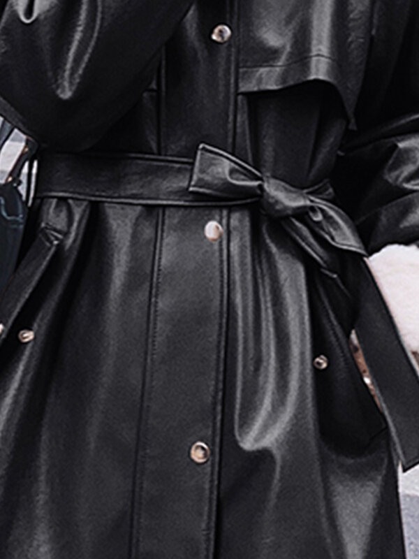 Lautaro Зимний длинный кожаный тренч для женщин с искусственным мехом внутри с поясом Свободная корейская мода 2021 Теплая густая парка на подкладке из искусственного меха кролика шубка искуственный мех кожаное пальто