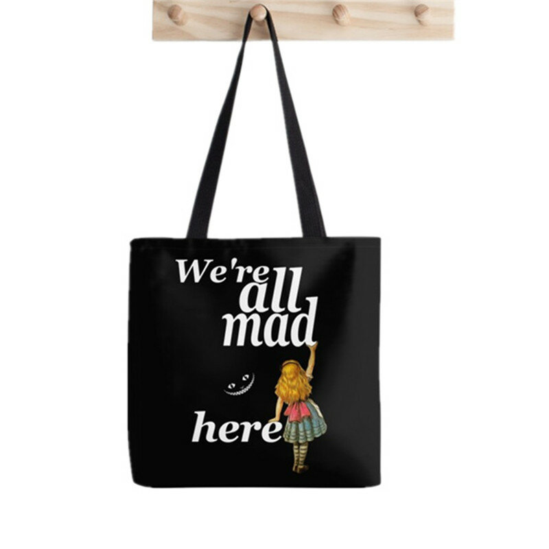 女性アリス私たちにワンダーランドプリントかわいいバッグ原宿ショッピングキャンバスショッパートートハンドバッグトートショルダー女性のバッグ