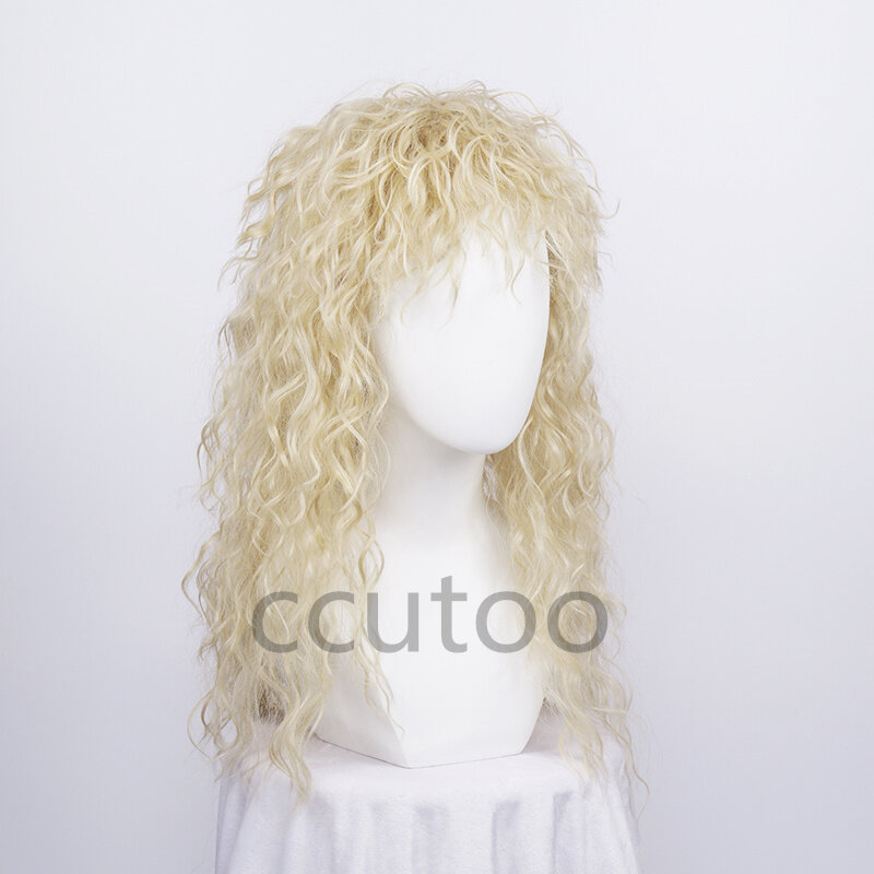 Men's Long Curly Blonde Hair Halloween Cosplay Synthetic Wig Punk Metal Rock Disco Mullet Fluffy Wig + Wig Cap