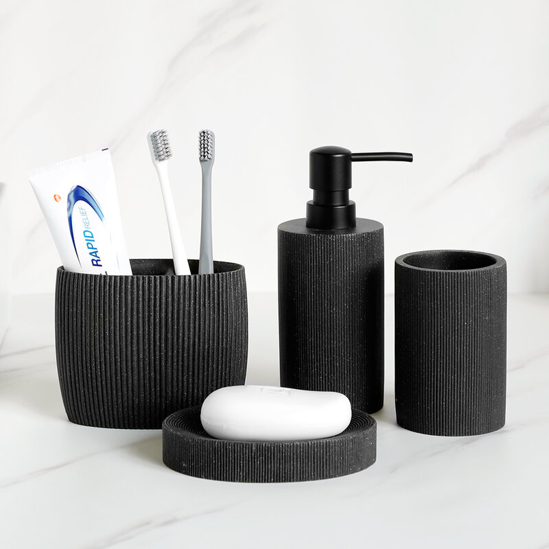 Black Bathroom Accessories Soap Dispenser Toothbrush Holder Tumbler Soap Dish Mouthwash Cup Toilet Brush Holder