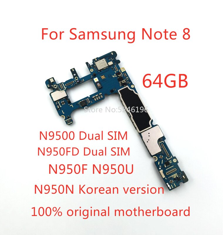 Desbloqueado Motherboard Replacement Part para Samsung Galaxy Note 8, 64GB, 100% Original, Nota 8, N9500, N950FD, N950F, N950U, N950N, 1Pc