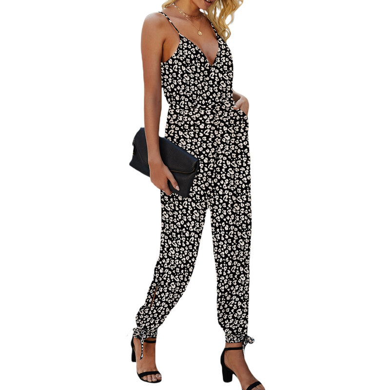 Frauen Neue Mode Leopard Print Krawatte Knoten Open Back Sexy Schlinge Overall Frauen Dünne Schulter Gurt V-ausschnitt Leopard Print Overall