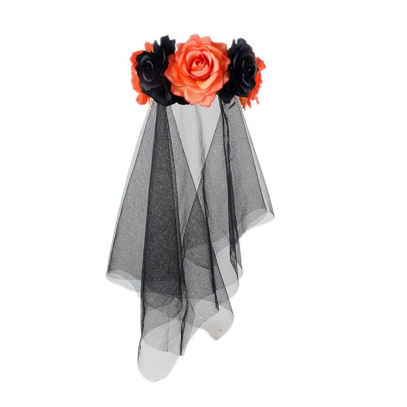 New Style Black Rose Flower Veil, Head Buckle for Party of the Dead, Halloween Witch Dress Up, Headband, Headdress