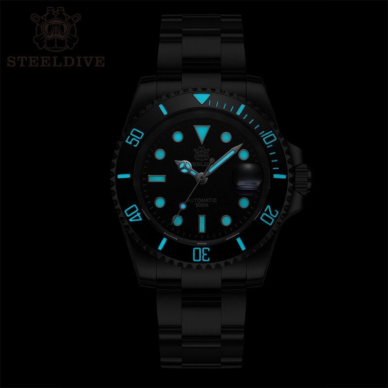STEELDIVE-SD1953 블랙 다이얼 그린 세라믹 베젤 NH35 자동 시계, 300M 방수 사파이어 유리 남자 다이빙 시계