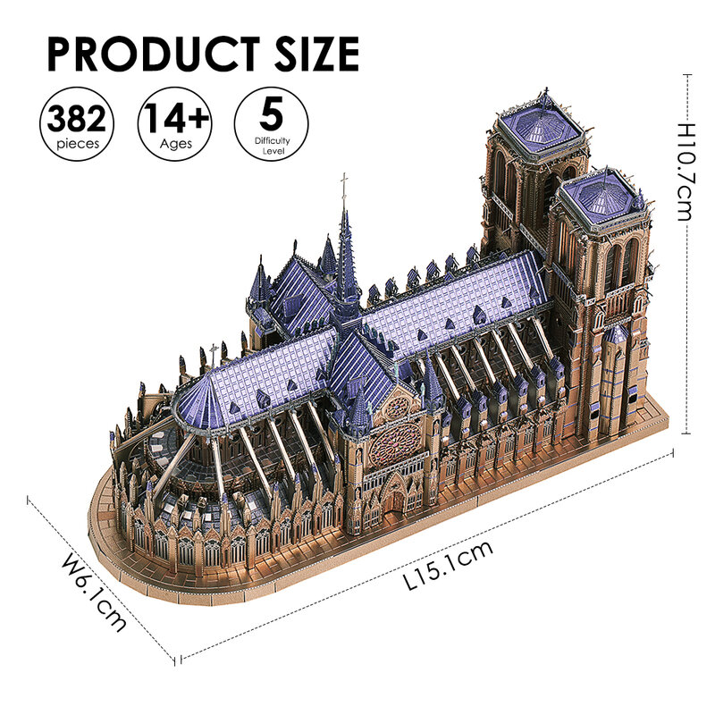 Piececool 3D Metalen Puzzels Puzzel, Notre Dame Kathedraal Parijs Diy Model Building Kits Speelgoed Voor Volwassenen Verjaardagscadeautjes