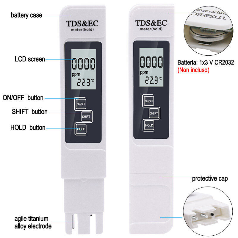 Digital Water Quality Tester, medidor de temperatura multifuncional para a pureza da água, TEMP PPM Tester, TDS EC Range 0-9990