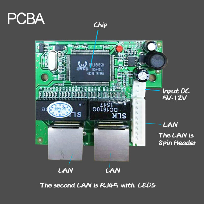 Direto da fábrica mini rápido 10/100mbps 2 porta ethernet rede lan hub placa de interruptor duas camadas pwb 2 rj45 1 * 8pin cabeça porto