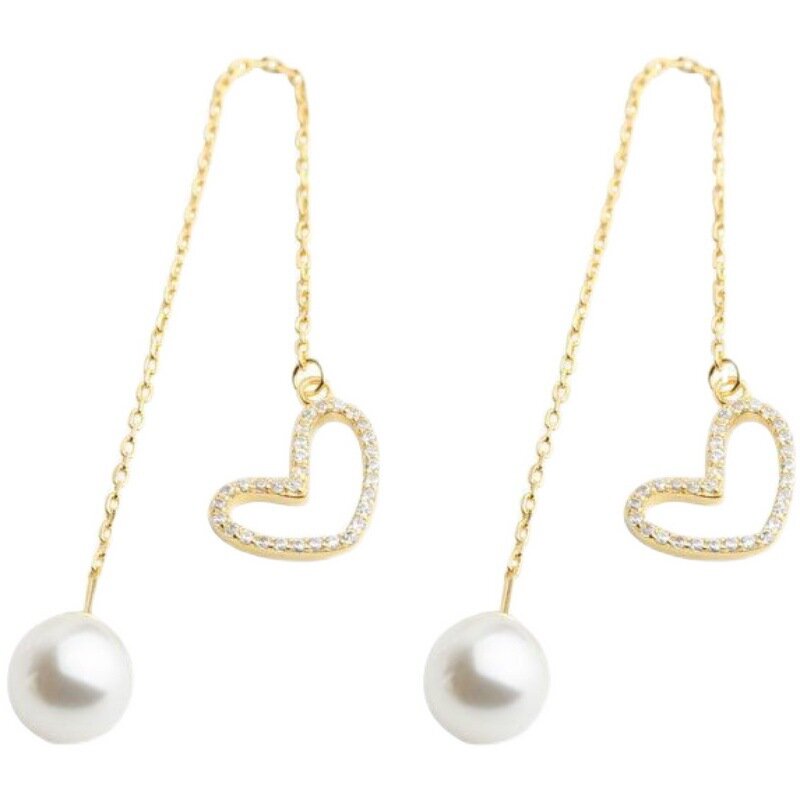 Korean Earrings Fashion Jewelry Simulation Pearl Long Love Rhinestone Ear Line Tassel Statement Earrings For Women Wholesale