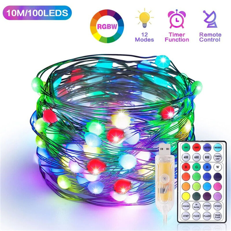 RGB LED Copper Wire Christmas Tree String Light 20M USB Remote Control Fairy Garden Lights for 2022 New Year Party Wedding Decor
