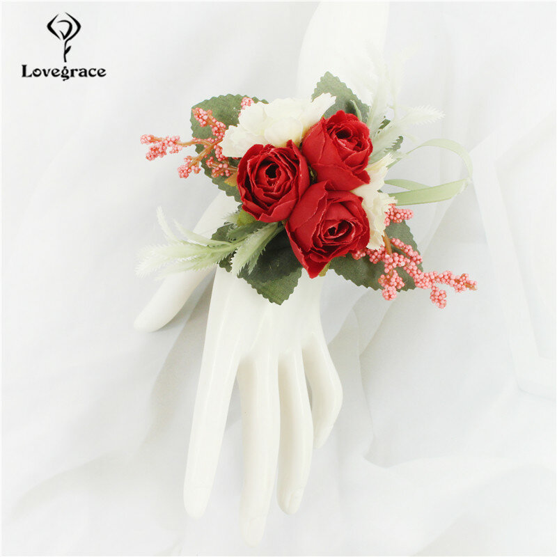 Свадебный корсаж на запястье, искусственная Шелковая Роза, женский браслет, цветы для свадьбы, цветы для рук, бутоньерка для шафера