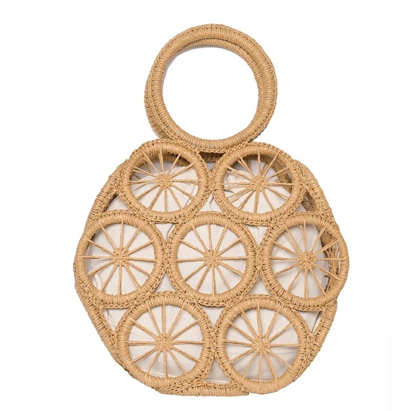 Vintage Hollow Straw Bags For Women Designer Wooden Handle Rope Woven Handbags Rattan Summer Beach Large Totes Lady Bali Purses
